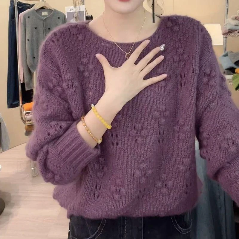 紫色菱格毛衣女款爆款2025新款洋气宽松上衣女韩版慵懒风针织衫