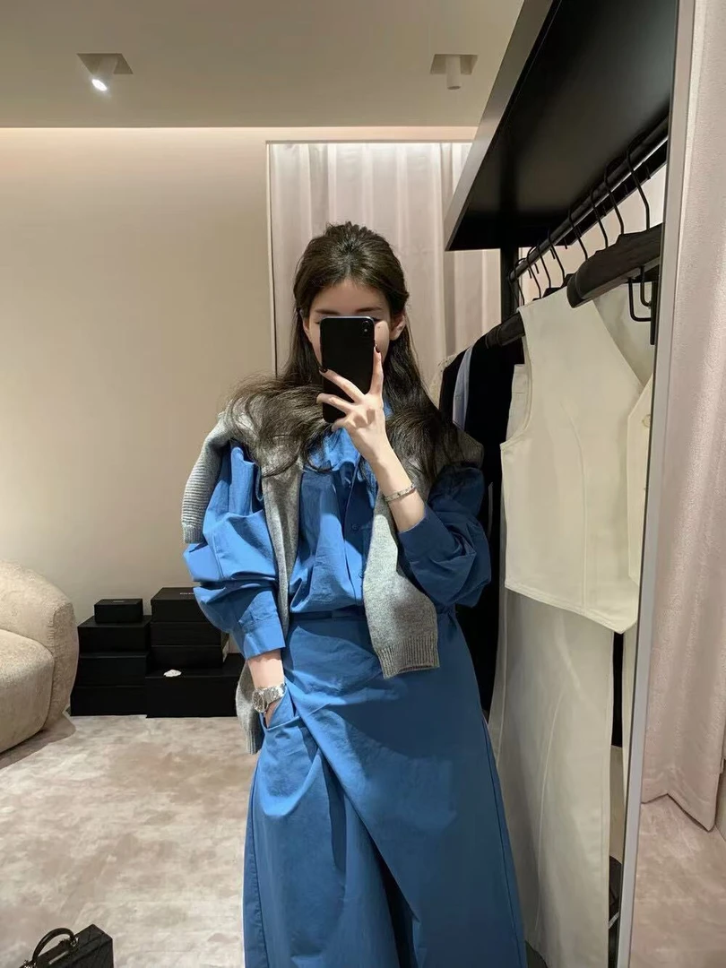 2025春季新款设计感休闲舒适气质高级百搭蓝色衬衫裙长裙连衣裙