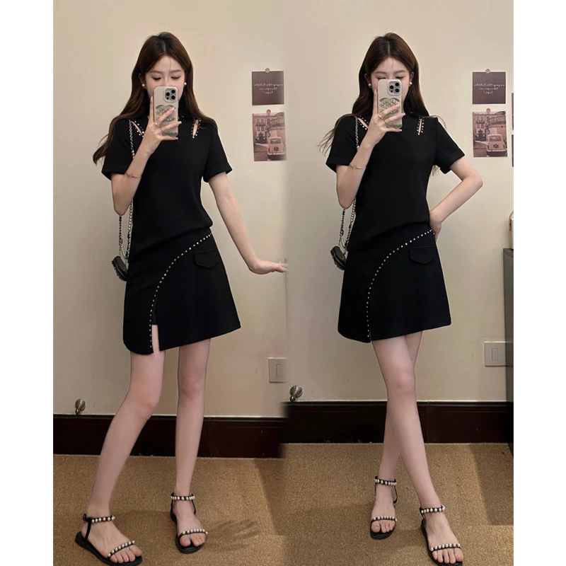 大码赫本风高级感休闲时尚套装夏季设计感黑色短袖上衣短裙两件套