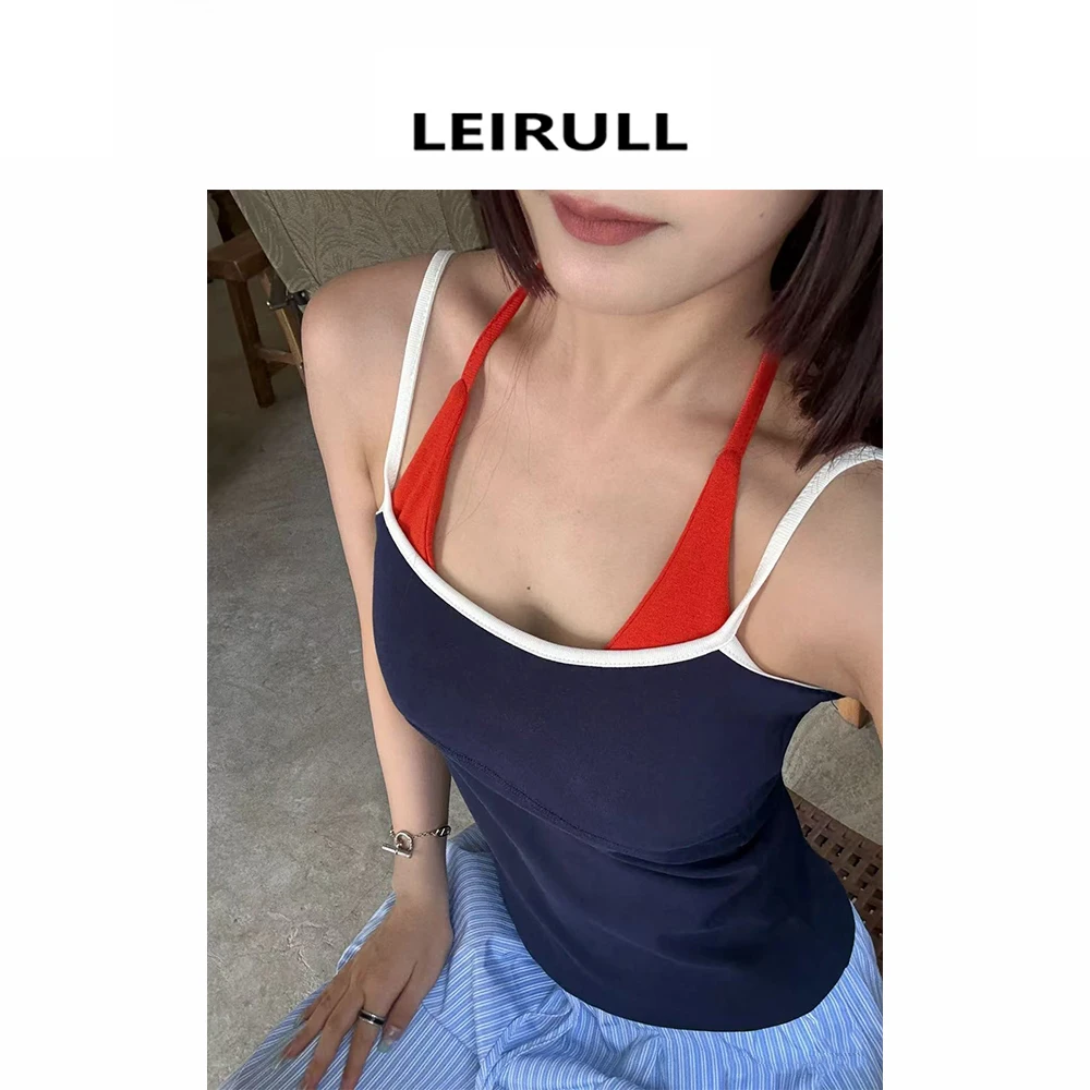 【蕾子】Re假两件拼色挂脖吊带 带胸垫
