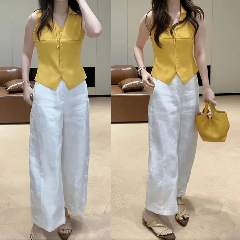 POLO领无袖修身显瘦针织上衣百搭阔腿裤套装女2025夏季新款两件套