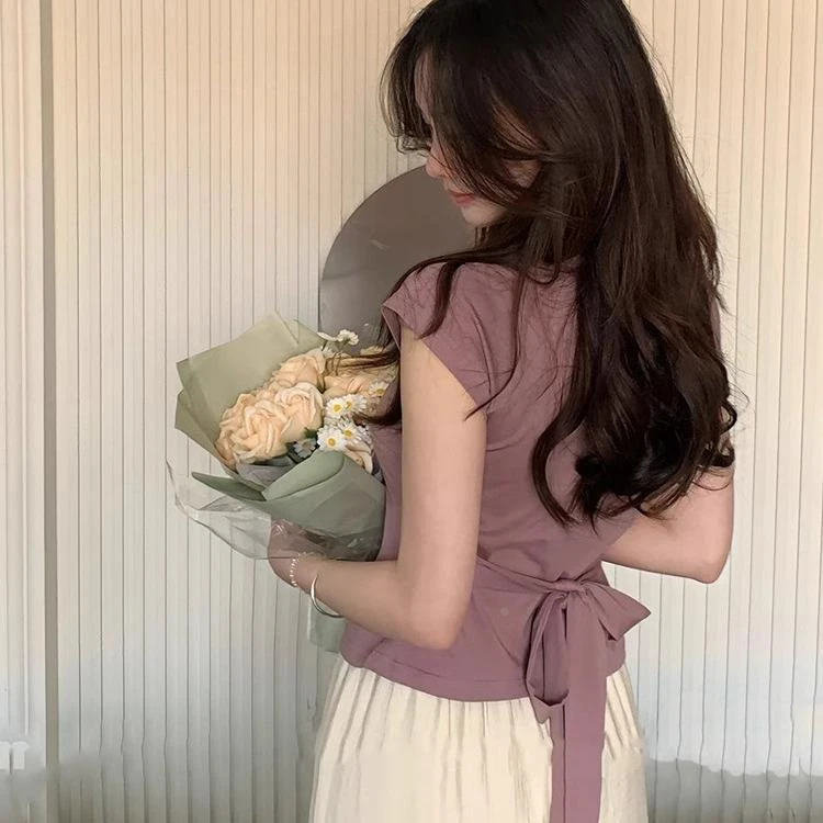 法式v领紫色飞飞袖后背绑带短袖t恤女夏季小个子收腰显瘦短款上衣