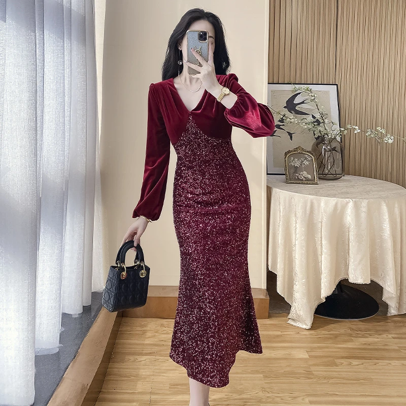 红色宴会晚礼服连衣裙高级感收腰显瘦鱼尾长裙修身包臀订婚礼服裙