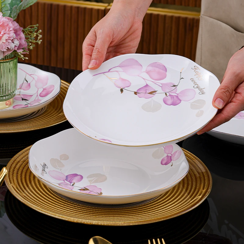 粉色情怀8英寸荷花盘6只装异形套组荷花盘钻石碗奢华描金盘碟饭碗
