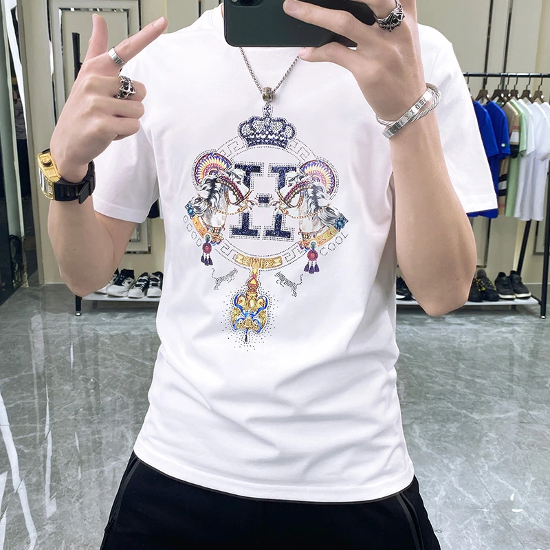 欧洲站烫钻印花纯棉男士短袖t恤潮流修身2025夏季新款半袖上衣男