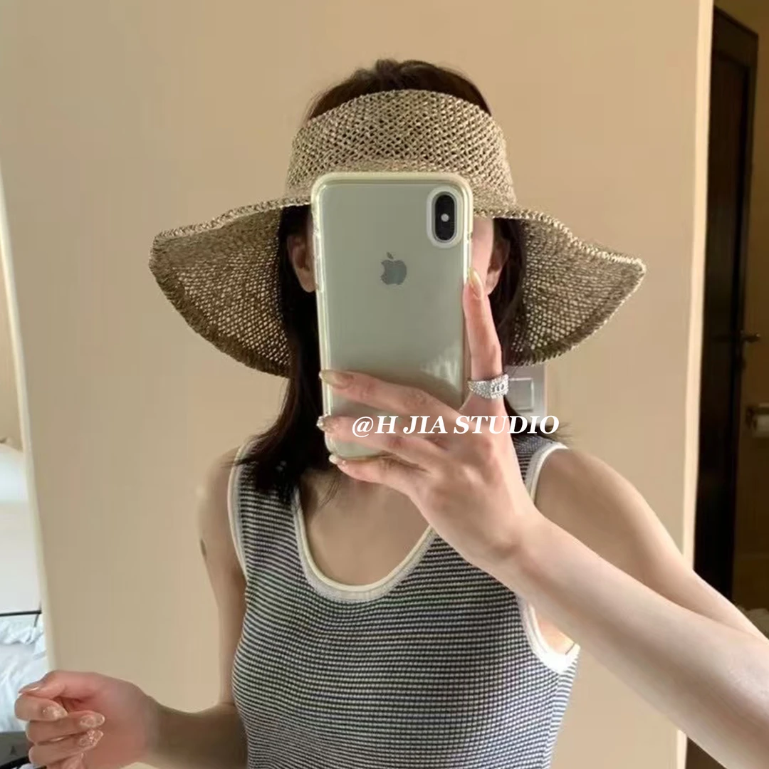 手工编织咸草镂空草编空顶帽女夏度假高级感大帽檐可折叠草帽M03