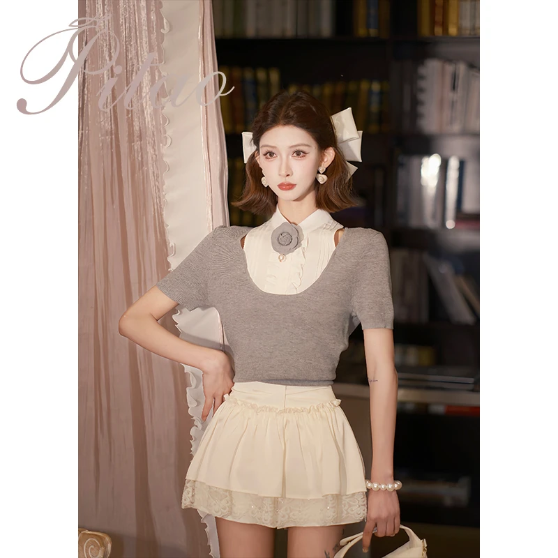 杜屁屁桃PITAO 原创【韩漫学妹】夏季新款女百搭假两件针织衫裙裤