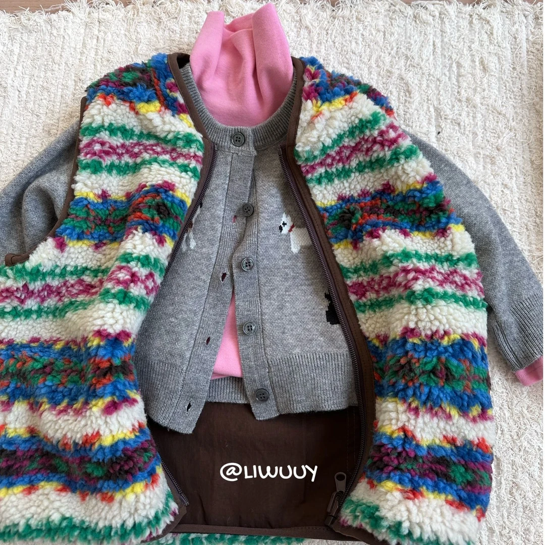 LIWUUY鲤坞冬季新款日系8色提花羊羔毛双面穿马甲