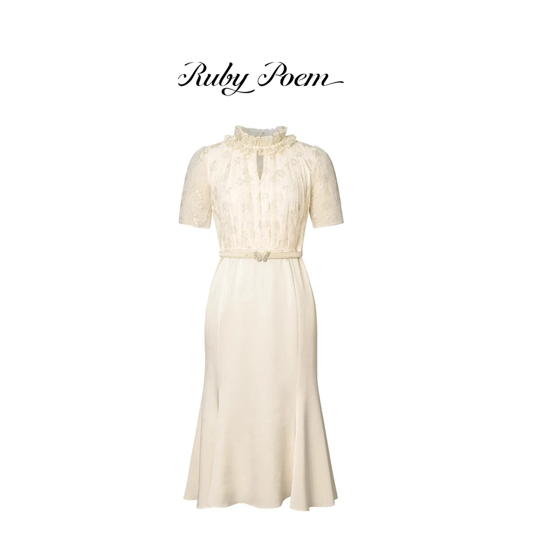 [RUBY POEM]2025修身春夏季商场同款三醋酸鱼尾短袖通勤连衣裙女