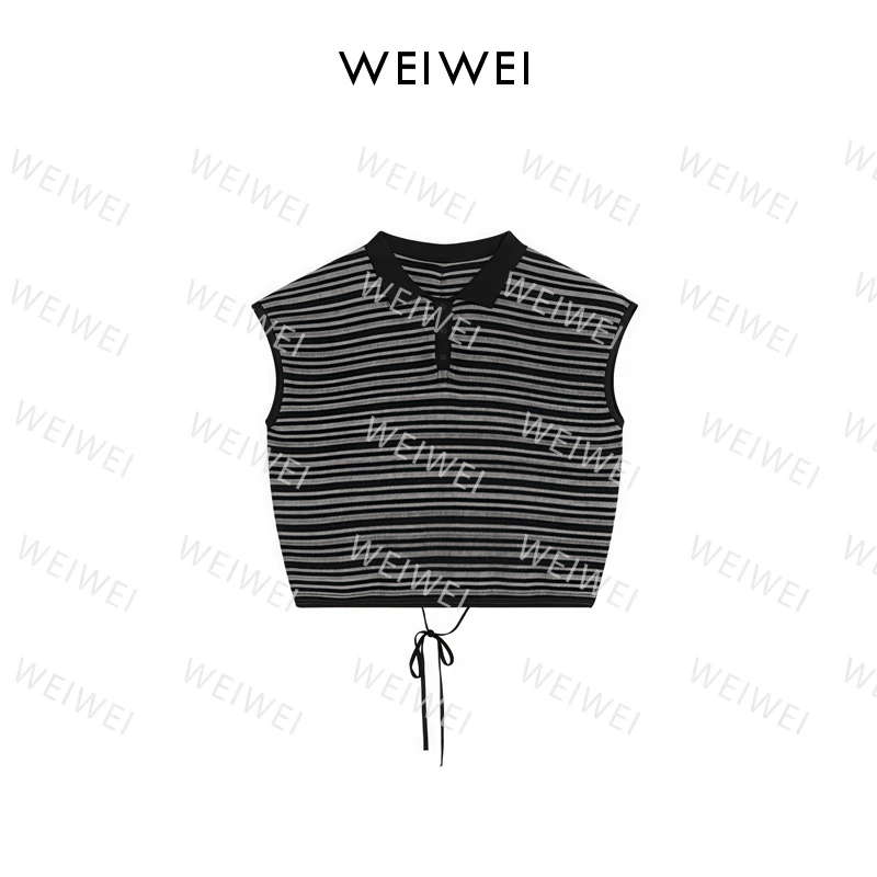 【维维Aires】时尚百搭翻领无袖下摆抽绳条纹上衣201
