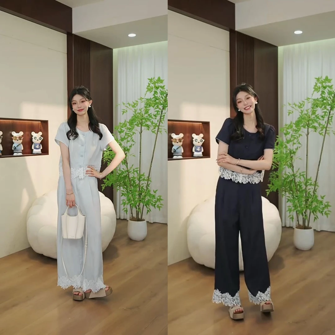 【夏款清仓库】拼接蕾丝上衣3139小香风时尚百搭宽松休闲显瘦套装女