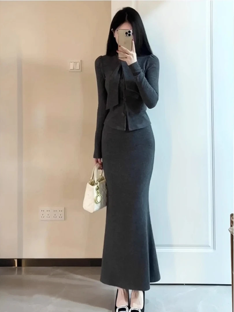 轻熟风性感气质套装女秋冬新款拼接绑带上衣包臀鱼尾长裙子两件套