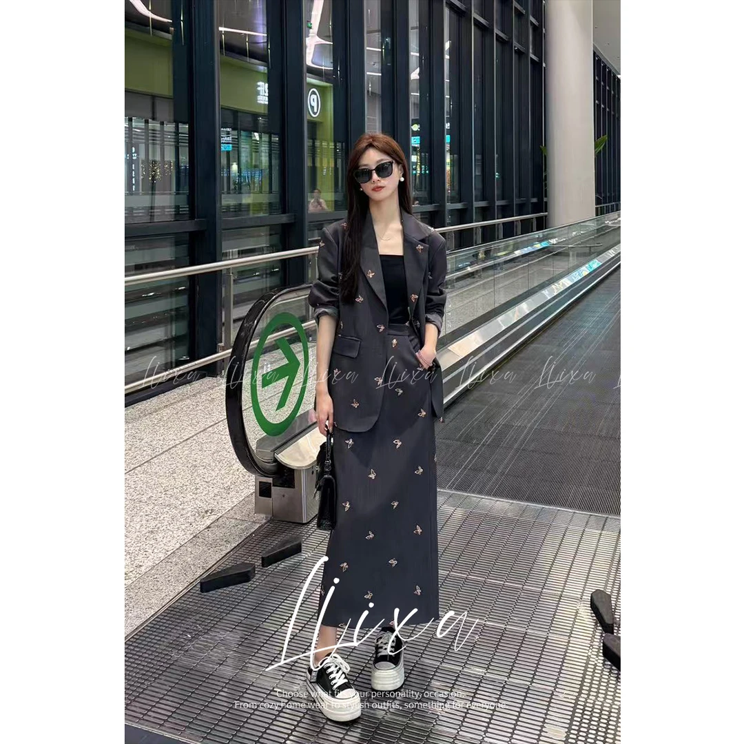 Liixu秋季气质高级感西装外套高腰显瘦半身裙三件套24TZ096