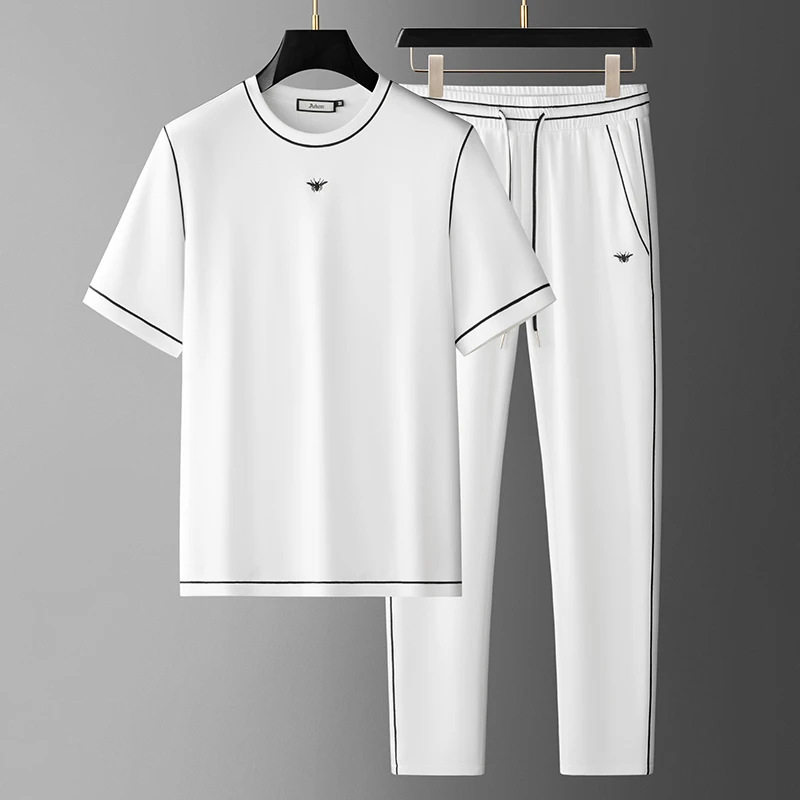 2025透气薄款速干冰丝男t恤两件套夏季新款高弹力运动休闲套装男