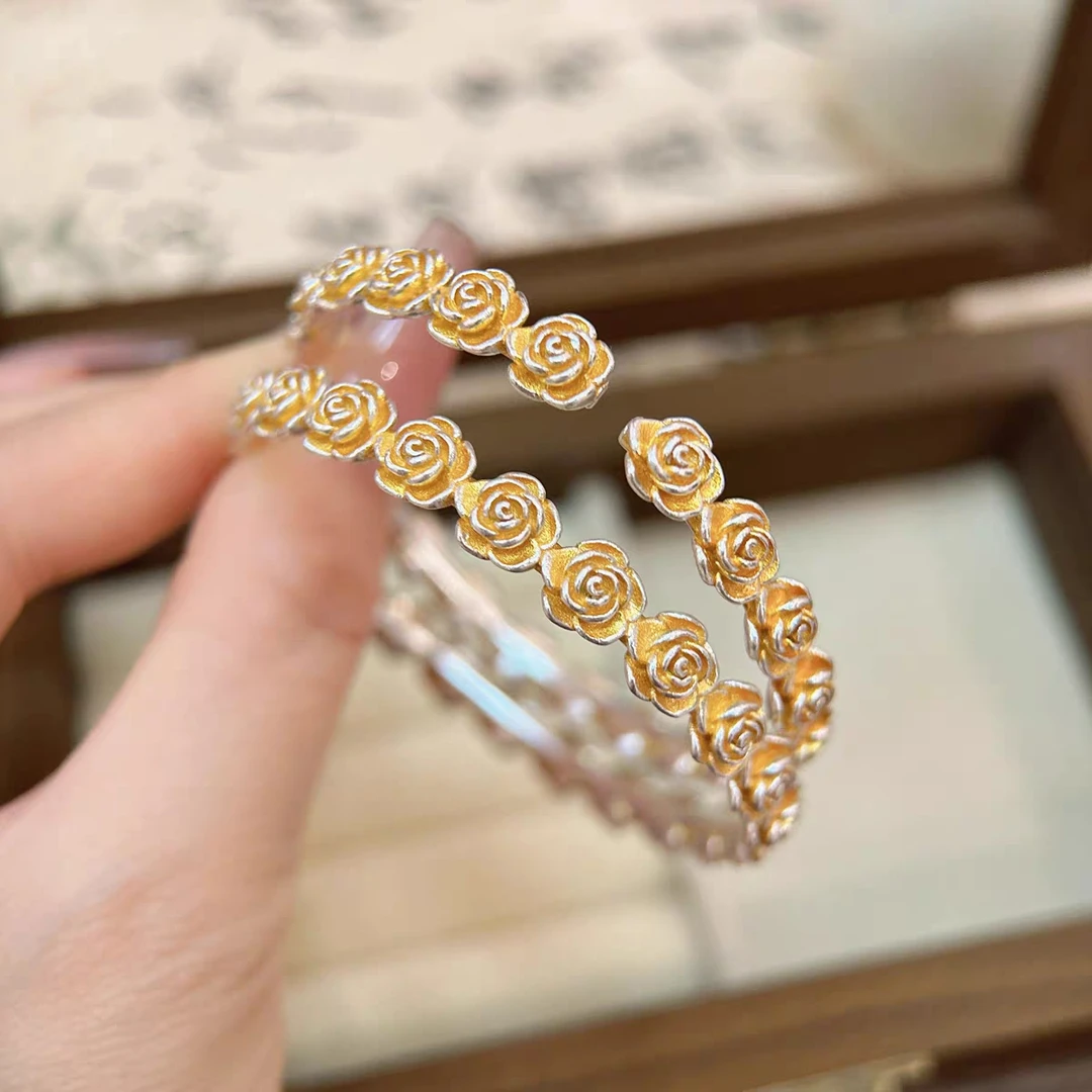 足银手镯 足银999.9描金玫瑰花手镯新中式时尚古风气质款送女友
