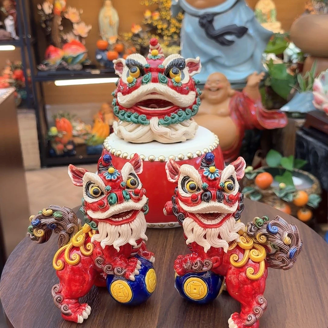 陶瓷饺止陶醒狮一对精品