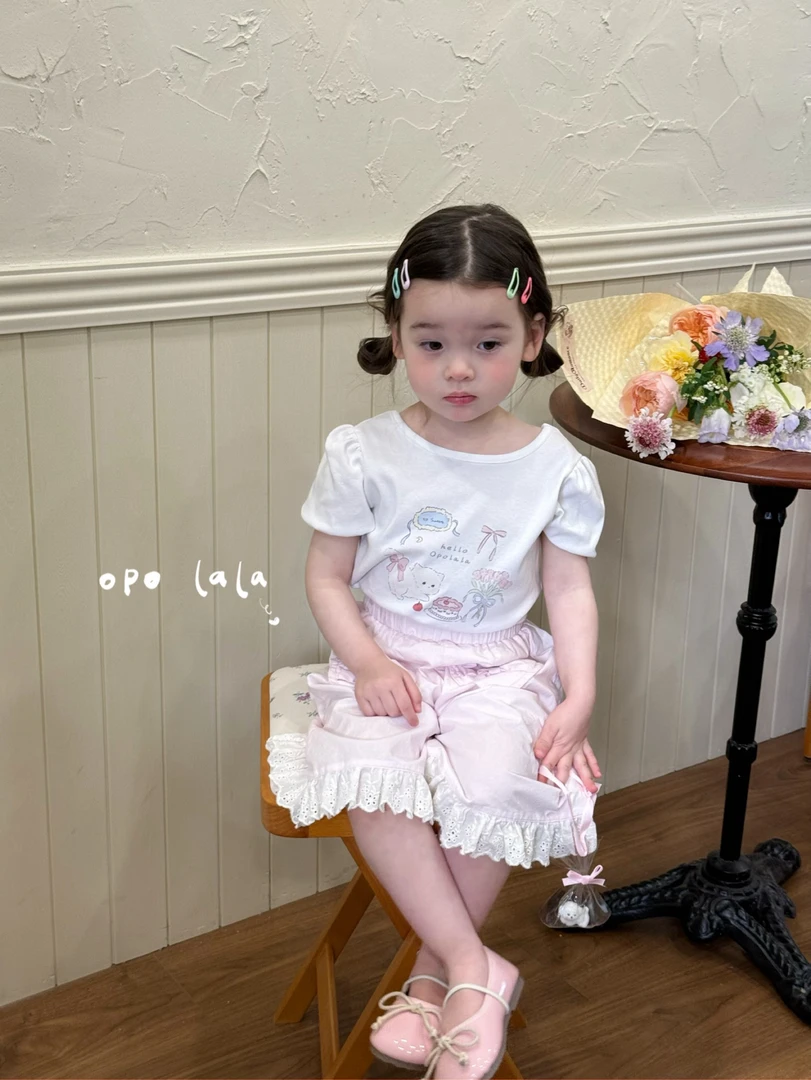 【Opolala 】2025新款夏款韩系甜美泡泡袖蝴蝶结短袖爱心粉色裤子