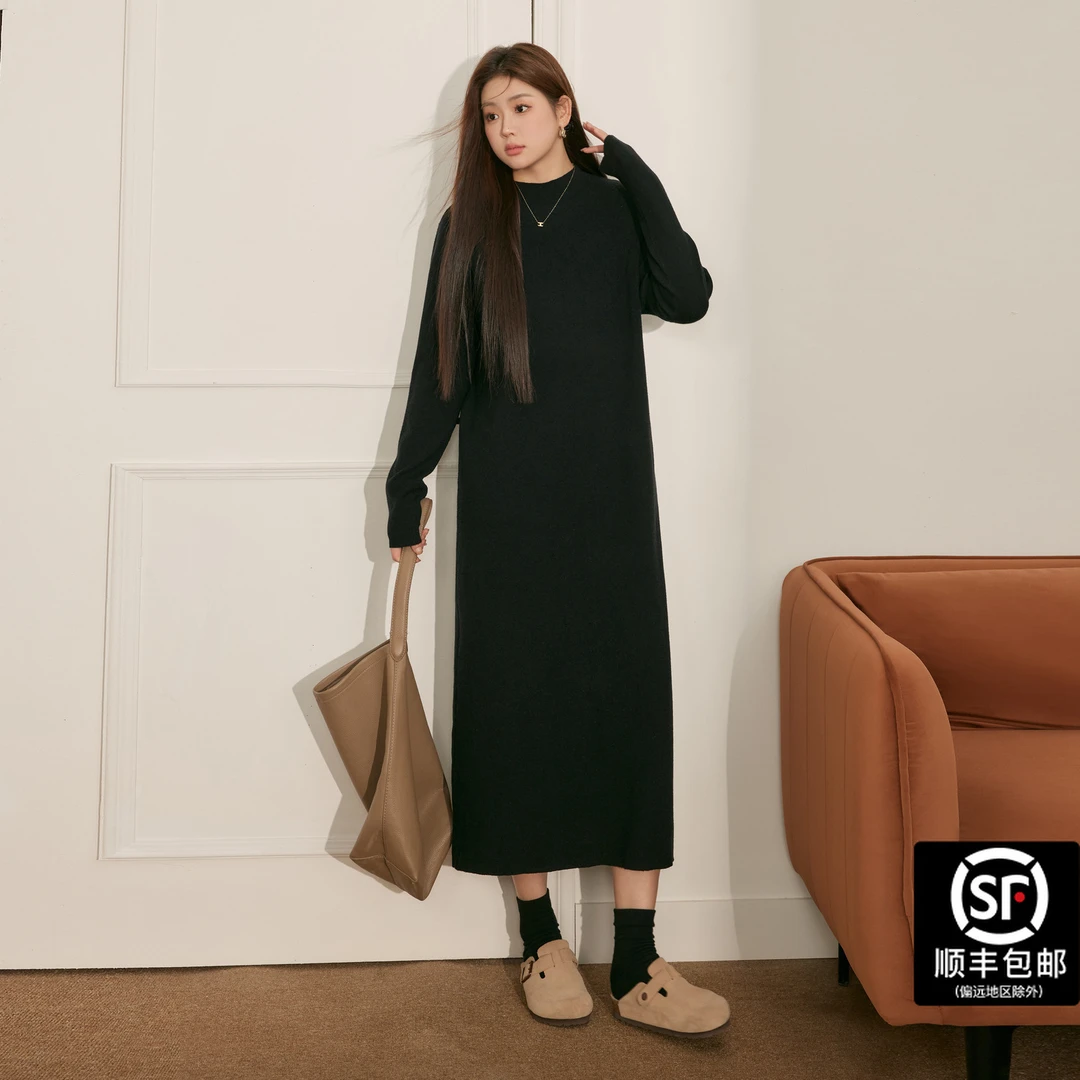 蓝语大码胖mm气质慵懒黑色针织毛衣裙2025秋冬宽松显瘦打底连衣裙