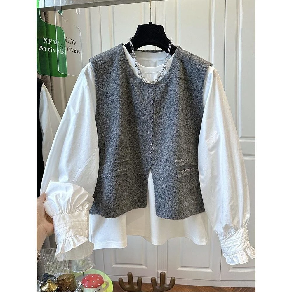 感灰色针织马甲开衫长袖衬衫女两件套宽松休闲时尚套装春新款