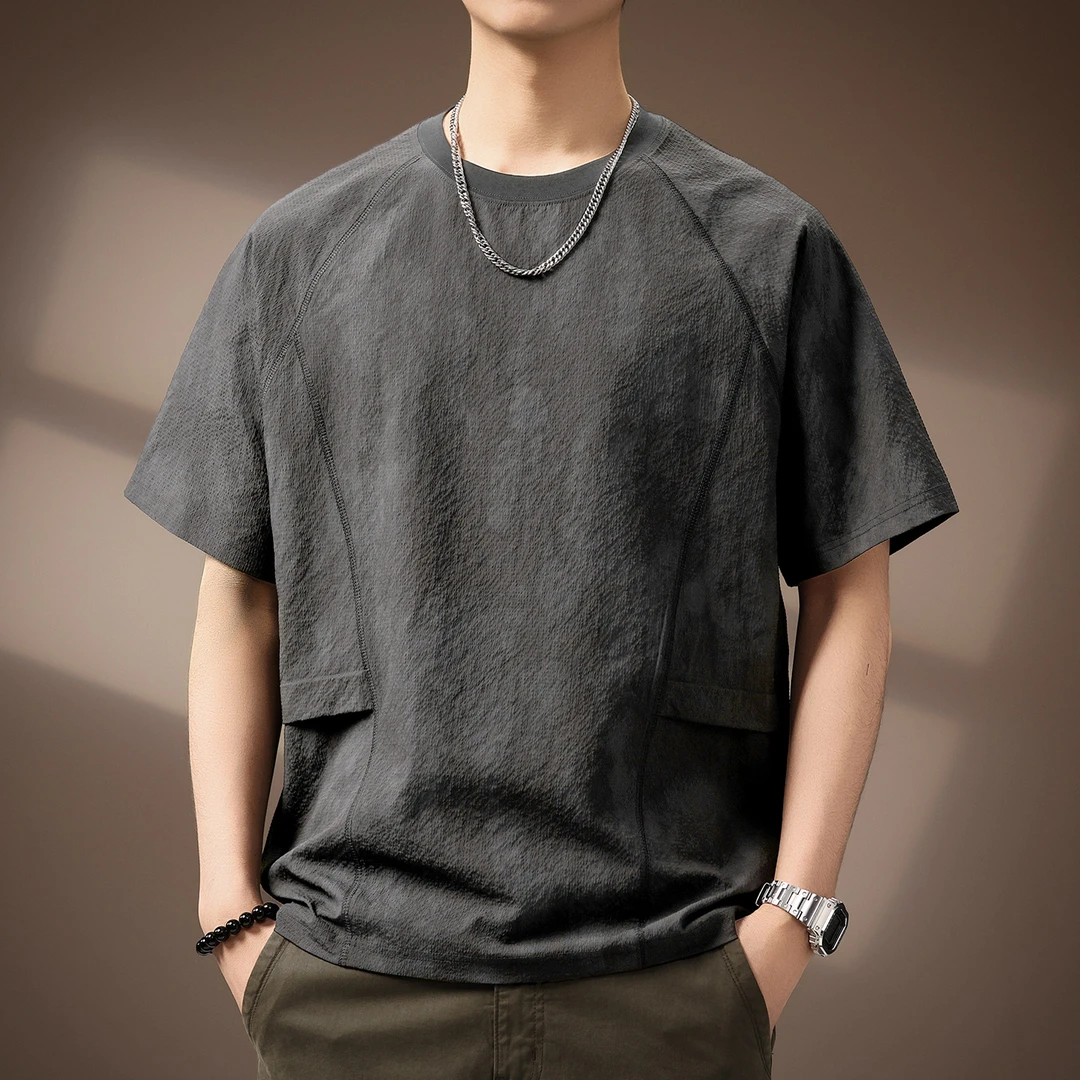 高端百搭复古简约拼接泡泡纱短袖男士夏季潮牌宽松百搭休闲体恤衫