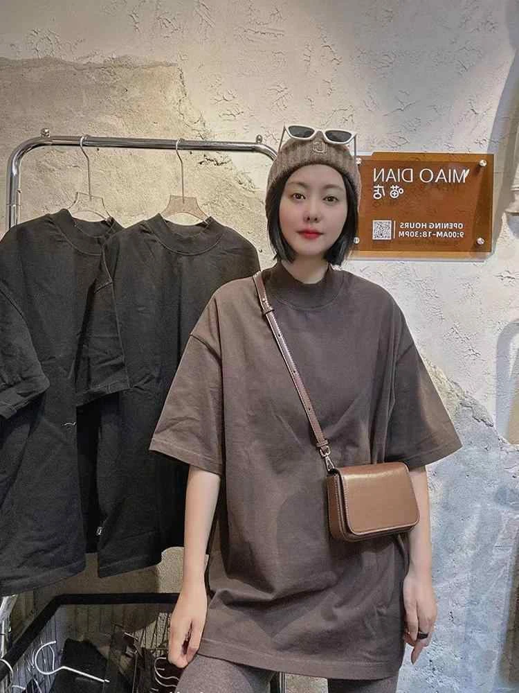 纯棉大码欧货纯色半高领短袖t恤女夏季2025新款宽松显瘦时尚上衣