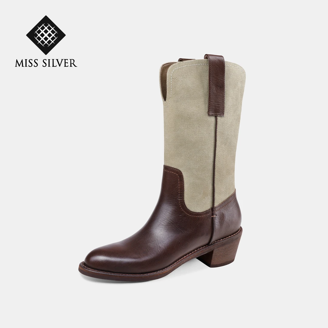 MISSSILVER2025新款黑色骑士靴女2025新款秋冬真皮粗跟中筒靴