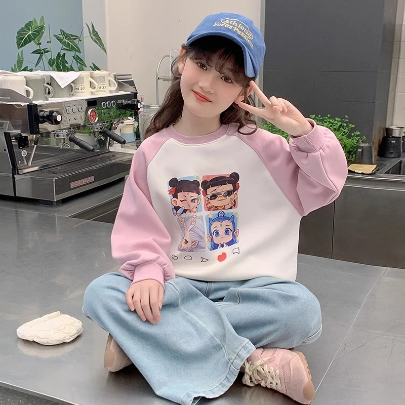 女童卫衣春秋款2025新款洋气女孩春装卡通哪吒印花春天拼色上衣潮