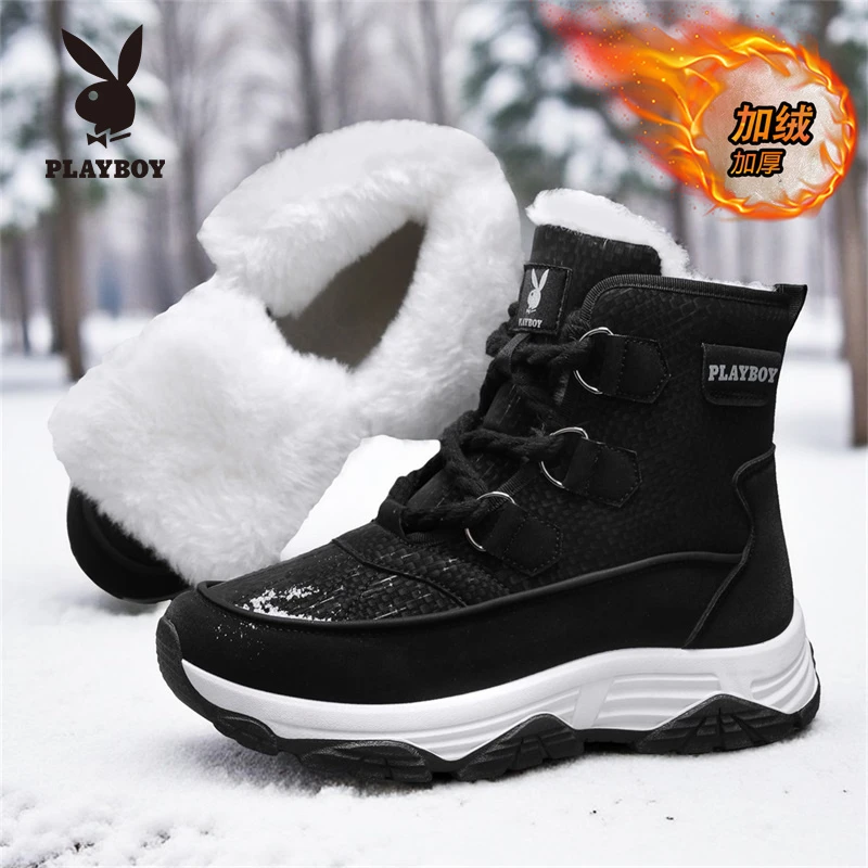 PLAYBOY/花花公子女士新款时尚雪地靴加绒保暖男靴高帮情侣棉鞋