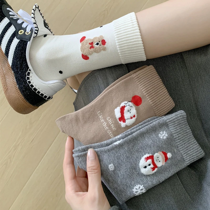 雪人袜子女秋款纯棉中筒袜秋冬百搭日系女士可爱卡通长袜全棉