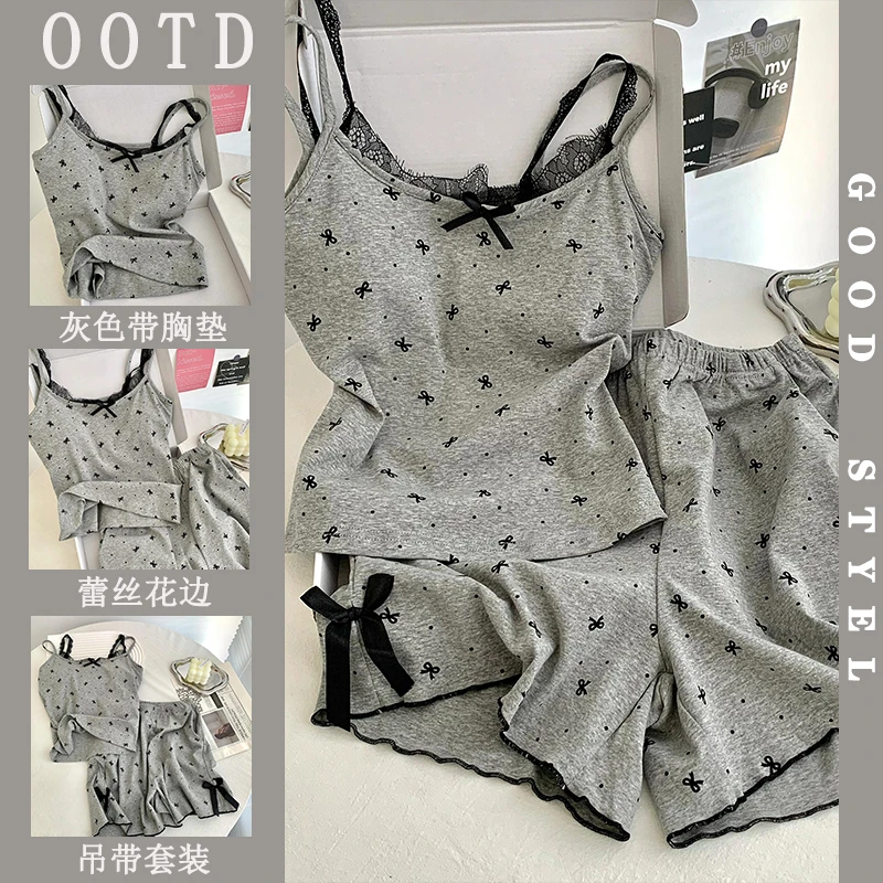 灰色带胸垫蕾丝花边修身吊带睡衣女夏季新款蝴蝶结印花家居服套装