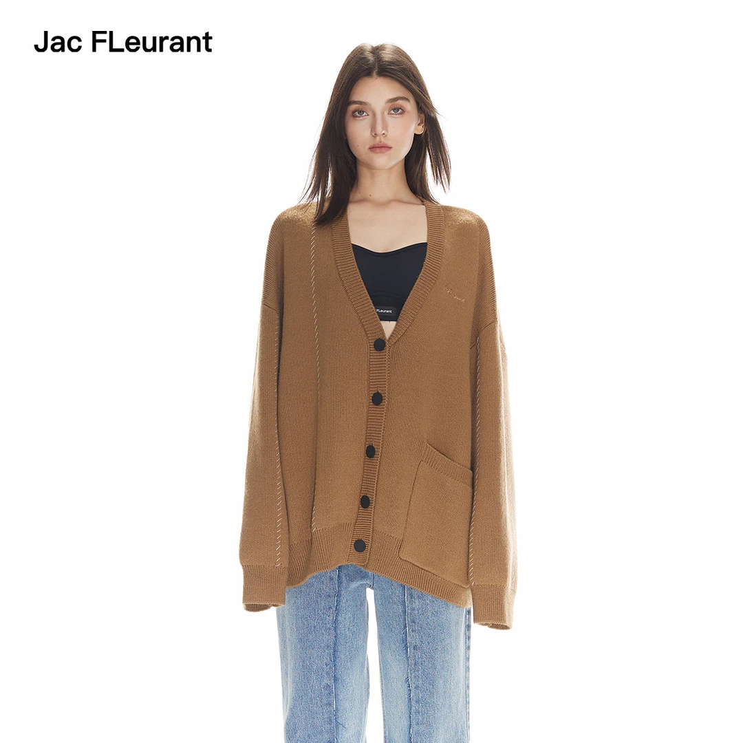 JAC FLEURANT新品棕色外缝线单口袋宽松百搭时髦针织开衫