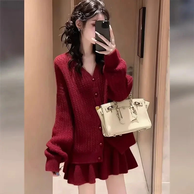 年终狂欢季小个子红色毛衣套装女2025新款秋冬慵懒风穿搭针织上衣