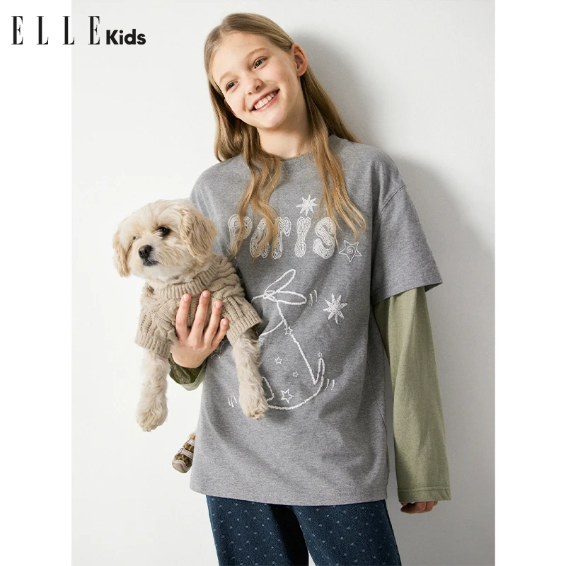ELLE KIDS休闲窄版春款女儿童趣味印花纯棉修身T恤C2