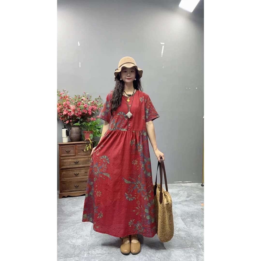 5196夏季新款显瘦气质时尚女百搭休闲文艺复古印花洋气宽松连衣裙