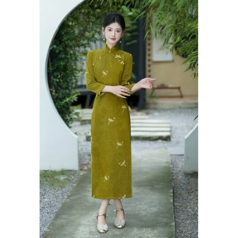 玉蜓 秋季新款国风复古修身减龄显白日常旗袍裙，A102877