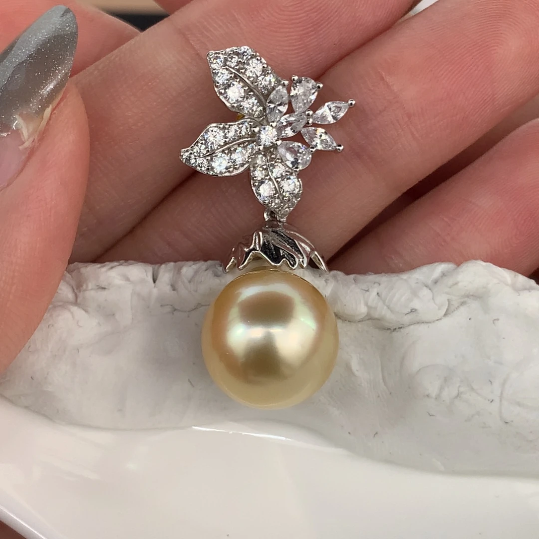 定制海水珍珠银S925镶嵌吊坠(不含链)12-13mm金珠巴洛克裸珠一颗