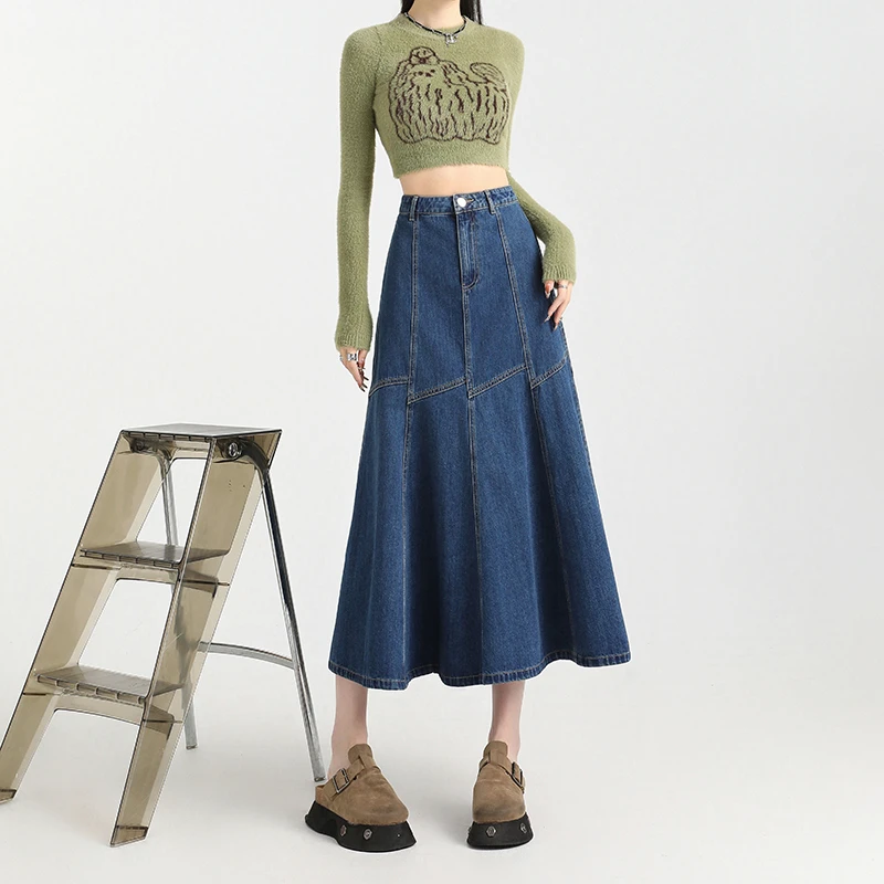 复古拼接半身牛仔伞裙女2025新款春秋中长款宽松显瘦包臀气质裙子