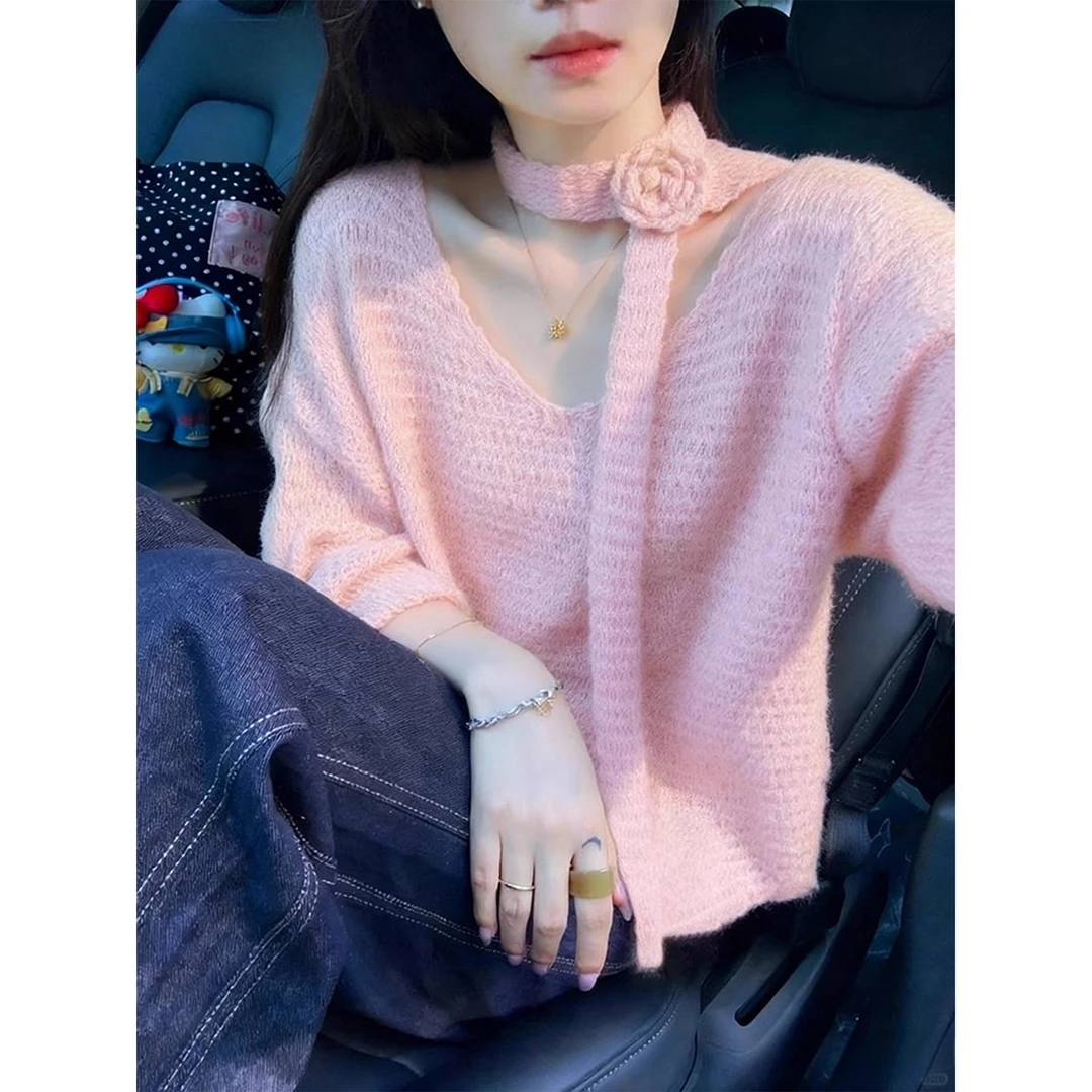 温柔风粉色V领花朵飘带针织衫女早秋季绝美巨好看的漂亮毛衣上衣