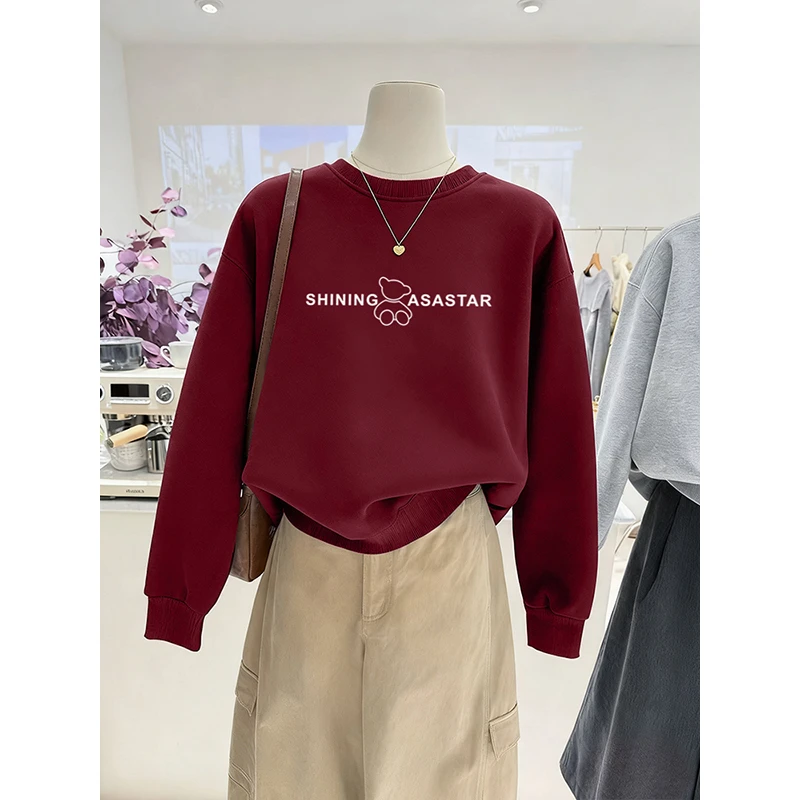 春秋新款爆款酒红圆领卫衣女2026新年衣服马年本命年加绒保暖上衣