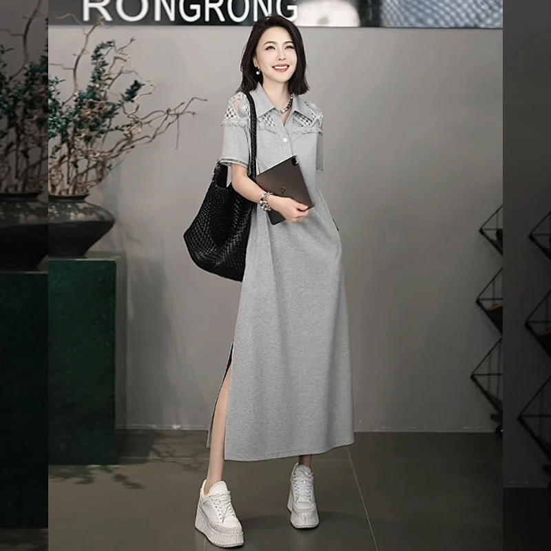 溶溶T【浮诗墨夏】RONGRONG半开襟拼接重工蕾丝钩花连衣裙C-A208329