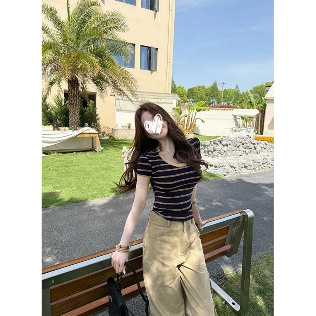 【miu系女主】夏季时尚百搭显瘦通勤T恤/条纹针织短袖高智减龄21105