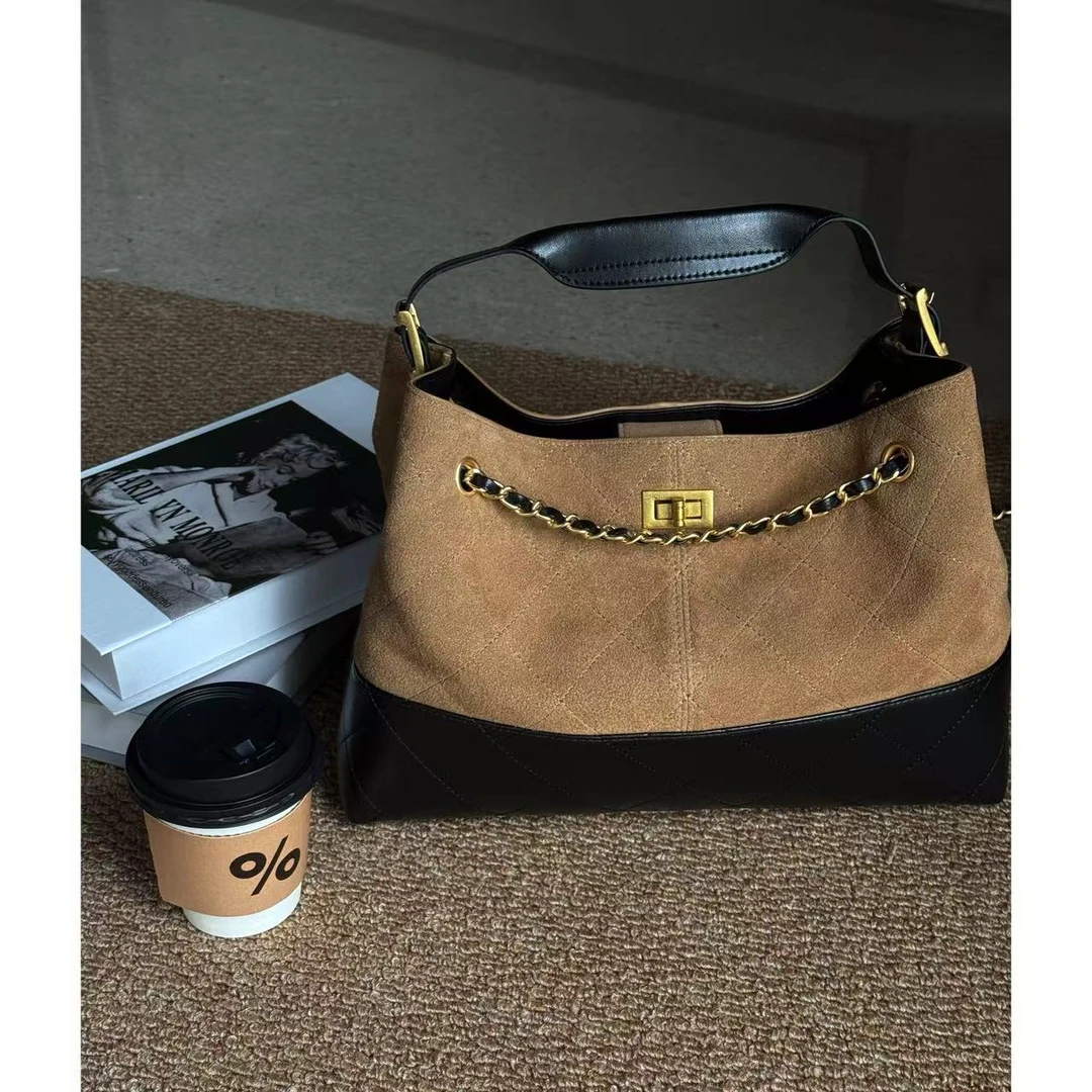 复古摩登棕黑牛皮拼色链条手提包253515027