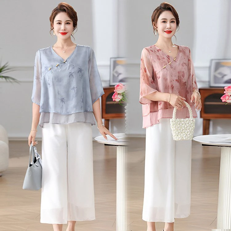 妈妈新中式短袖上衣洋气设计中老年女装夏季国风雪纺小衫6682