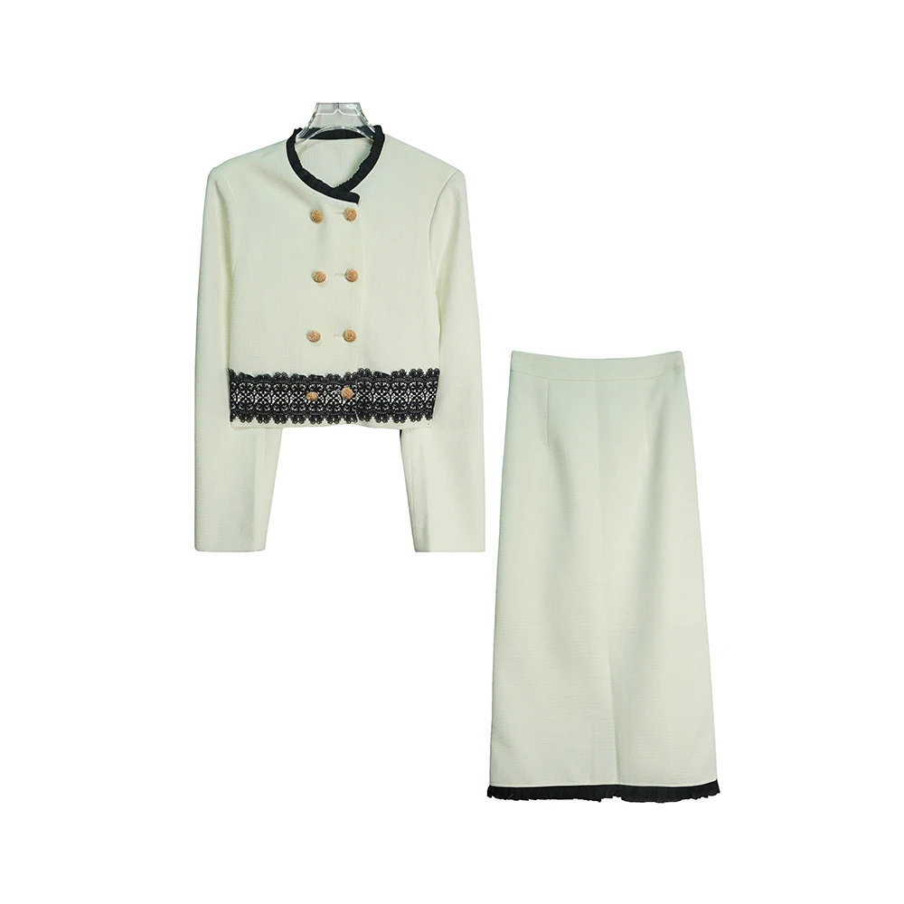 蕾丝拼接西装外套上衣A字半身裙两件套E0100