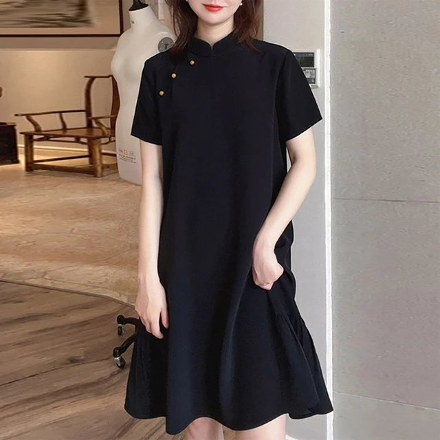 鱼尾裙新中式连衣裙胖MM加大码宽松显瘦气质复古改良旗袍直筒裙子