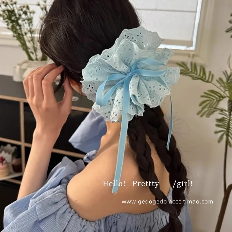 粉色四层蕾丝抽绳式大肠发圈女甜美可爱丸子头发绳温柔扎头绳头花