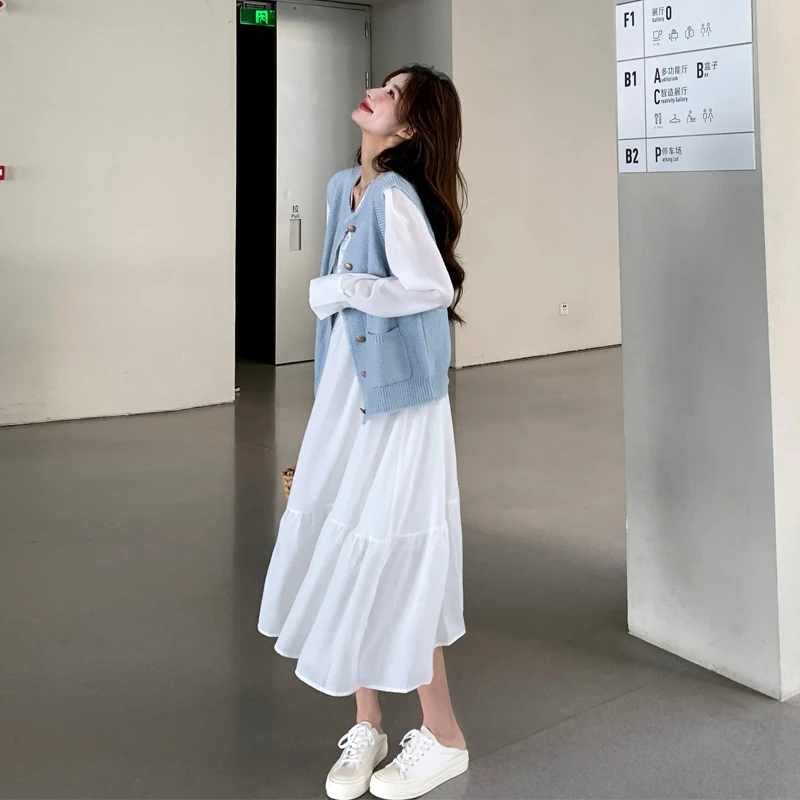 森系小清新针织马甲连衣裙套装2025早春新款韩系穿搭温柔风两件套
