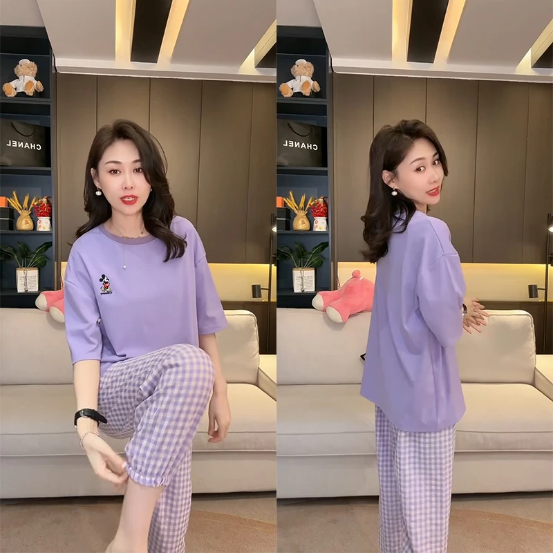 2025新款糖果色卡通米奇睡衣女大码宽松休闲格子长裤家居服套装