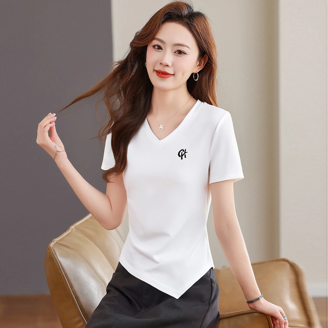 不规则设计短袖t恤女2025夏季新款纯色v领气质修身显瘦韩版上衣