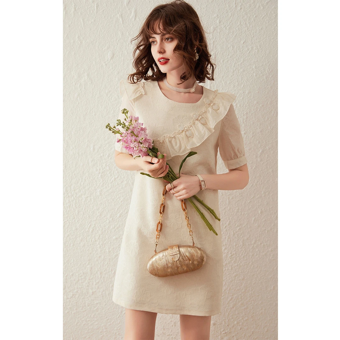 白鹿语夏款复古串珠盘扣装饰圆领气质拼接荷叶边连衣裙女ZYU10044